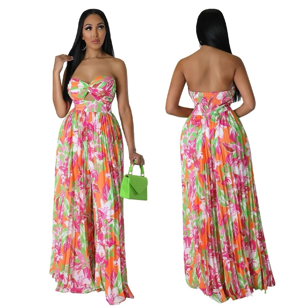 Orange Floral Tube Jumpsuit Great Quality Flare Bottoms